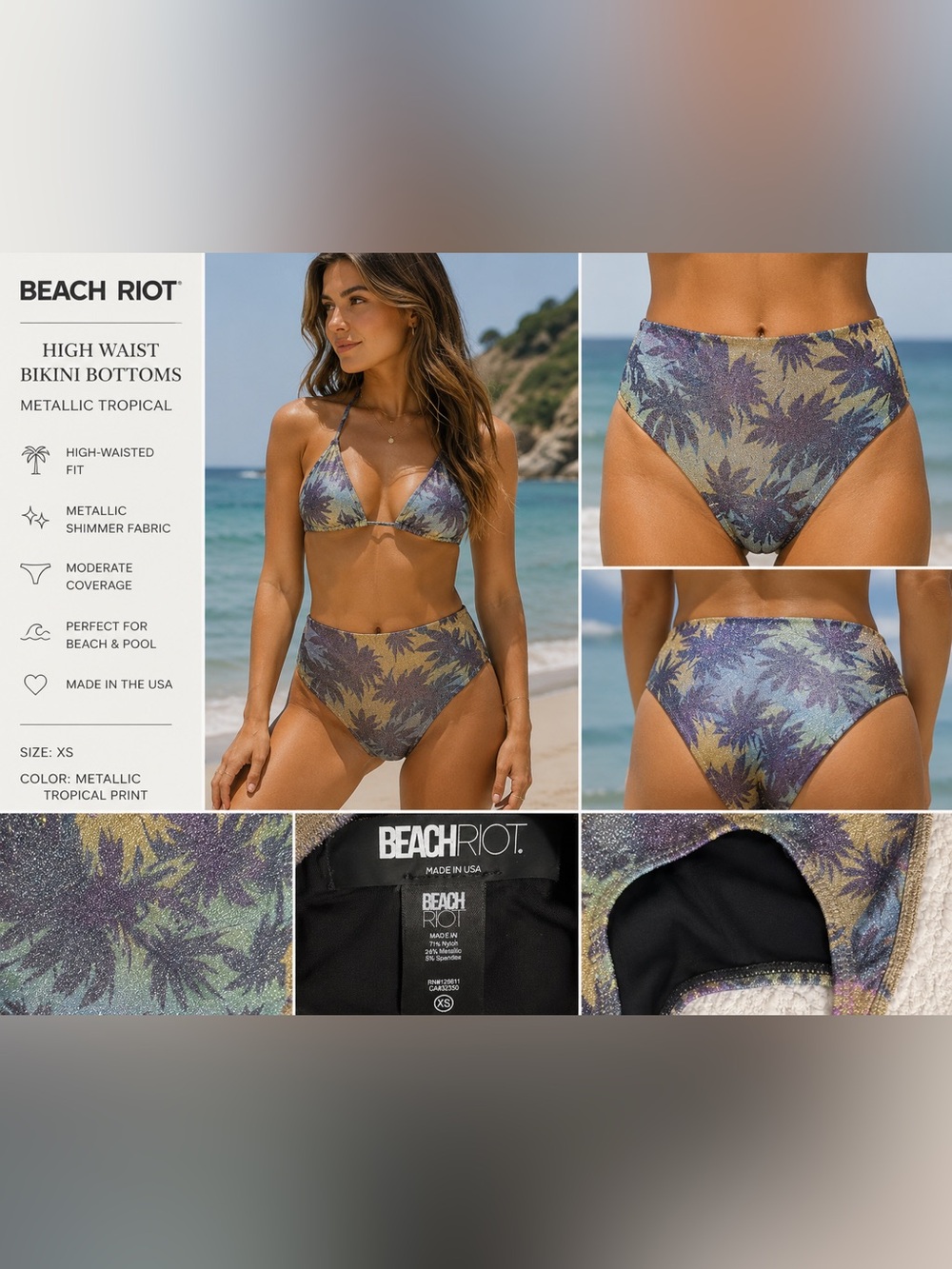 Beach Riot Metallic Tropical High-Waisted Bikini Bottoms XS Made in USA